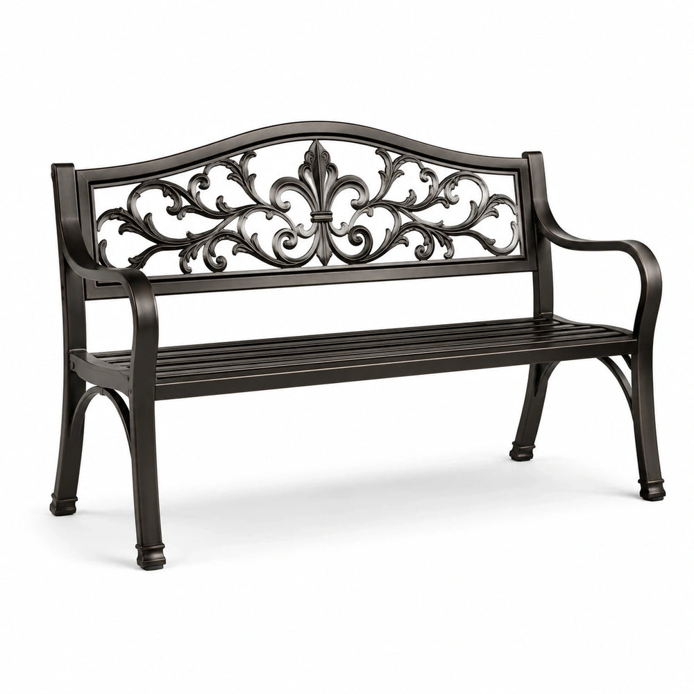 Banc de jardin en métal bronze foncé avec dossier ornemental, 127 × 60 × 89 cm