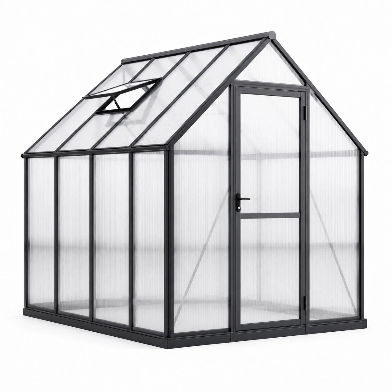 Serre de jardin en aluminium noir et polycarbonate transparent, 250 x 190 x 195 cm, avec porte battante et lucarne de toit