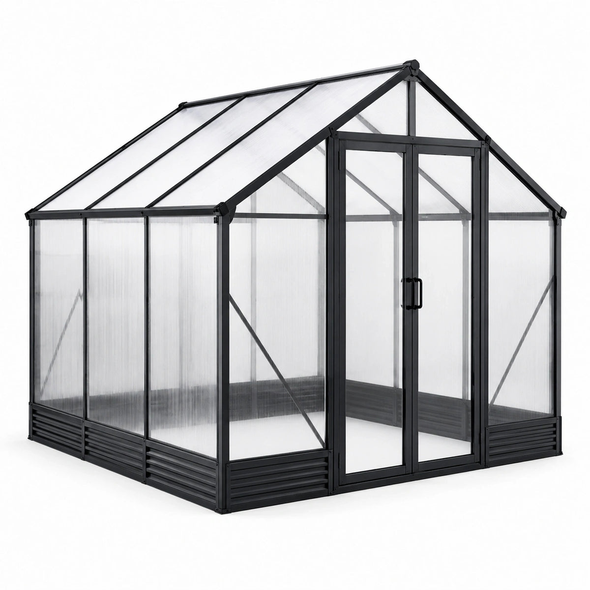 Serre de jardin en aluminium noir et polycarbonate transparent avec double porte, 250 × 190 × 195 cm