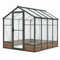 Serre de jardin en aluminium vert et polycarbonate transparent, 190 × 250 × 195 cm, avec porte battante et toit à deux pentes