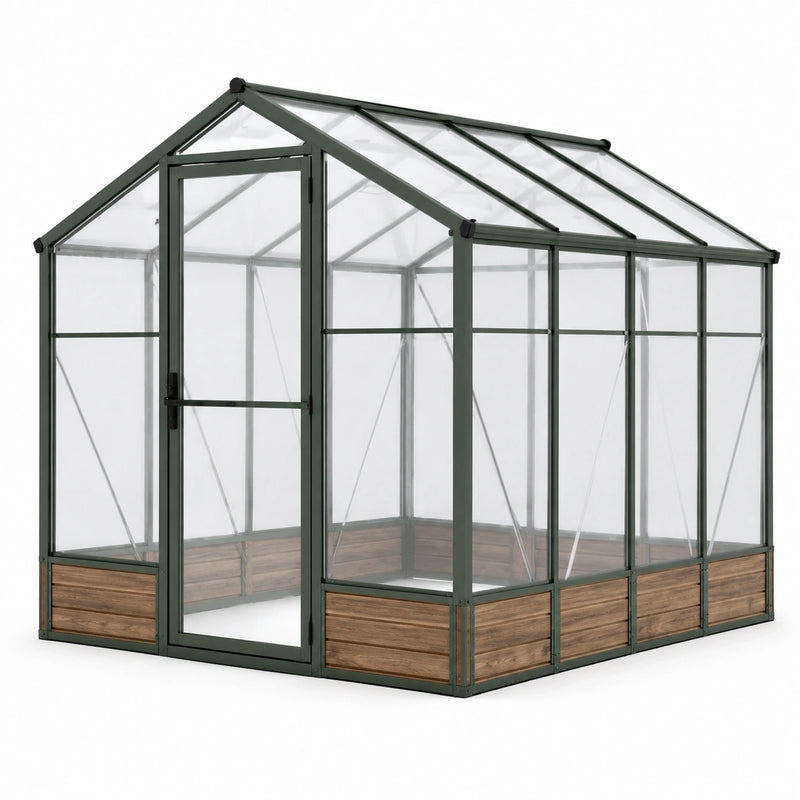 Serre de jardin en aluminium vert et polycarbonate transparent, 190 × 250 × 195 cm, avec porte battante et toit à deux pentes