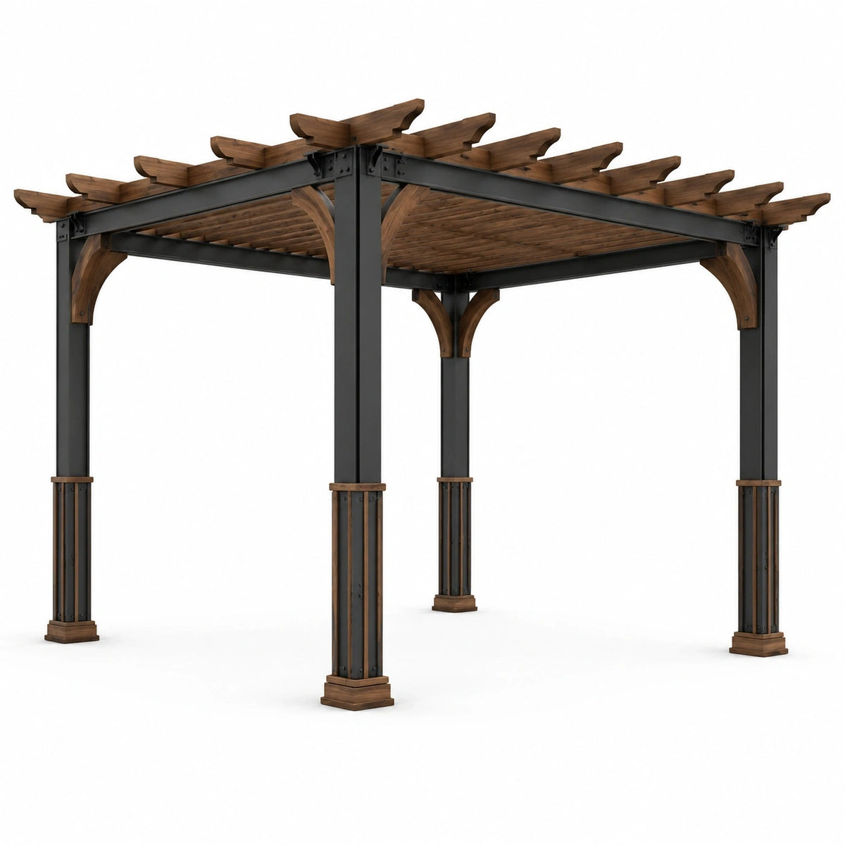 Pergola de jardin en bois marron et acier anthracite avec toit ajouré, 400 × 300 × 260 cm