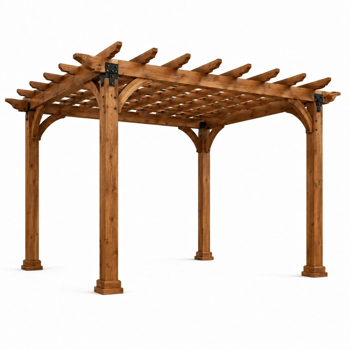 Pergola de jardin en bois brun avec ferrures noires et toit ajouré, 427 × 305 × 234 cm
