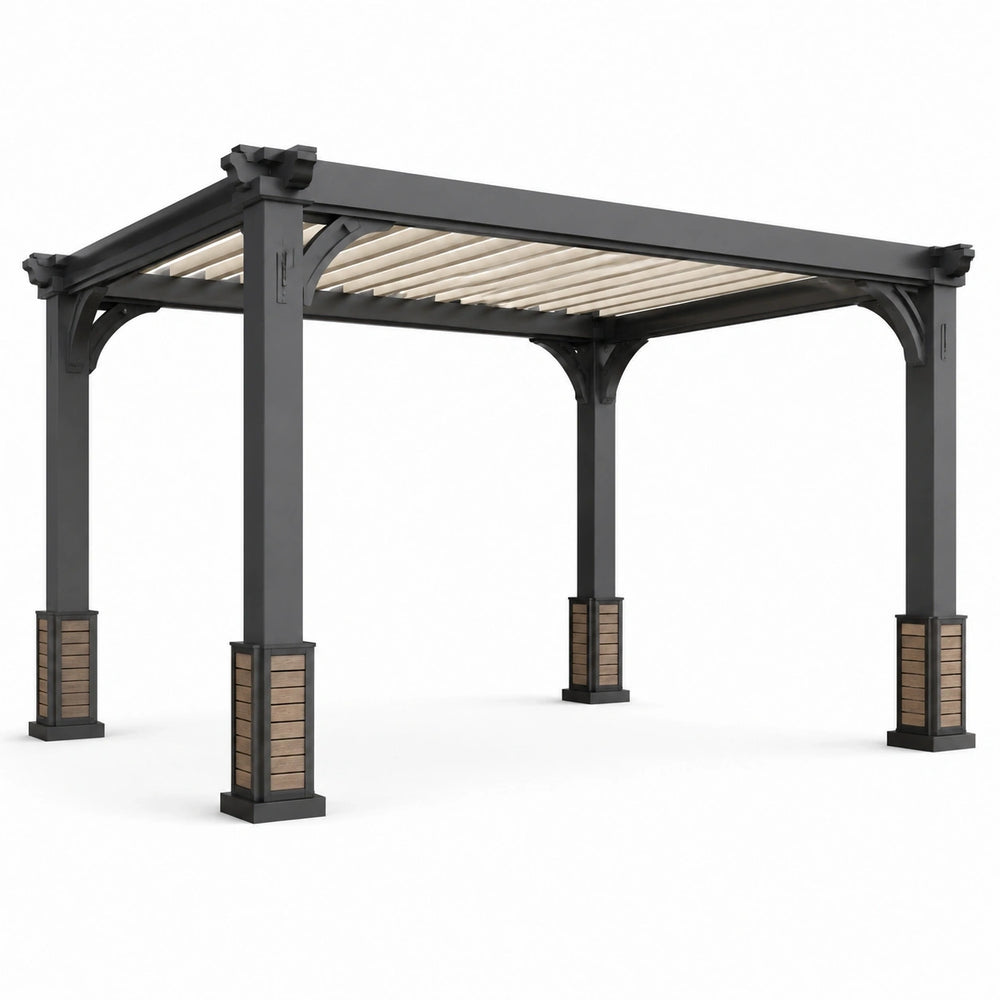 Pergola bioclimatique en métal anthracite, beige et brun avec lames orientables, 400 × 300 × 250 cm