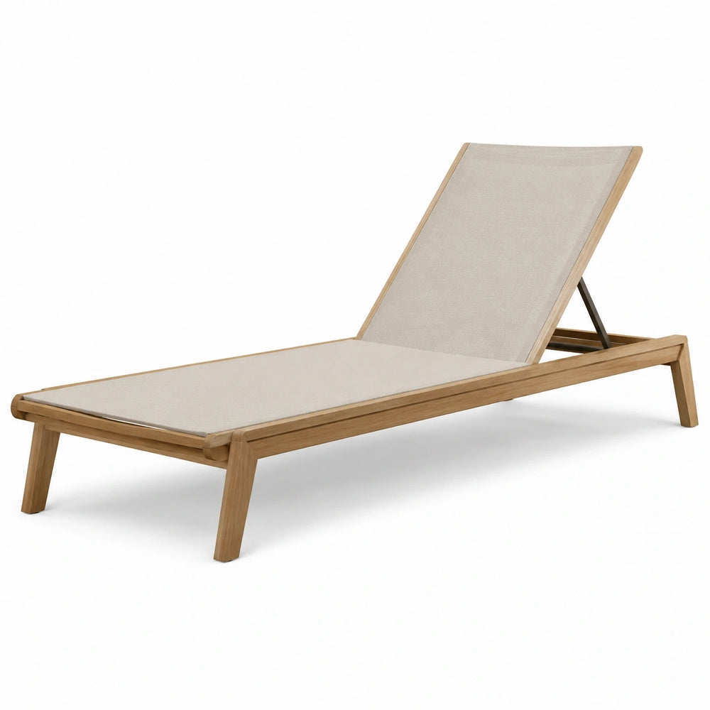 Bain de soleil en bois naturel et textile beige avec dossier inclinable, 200 × 65 × 35 cm