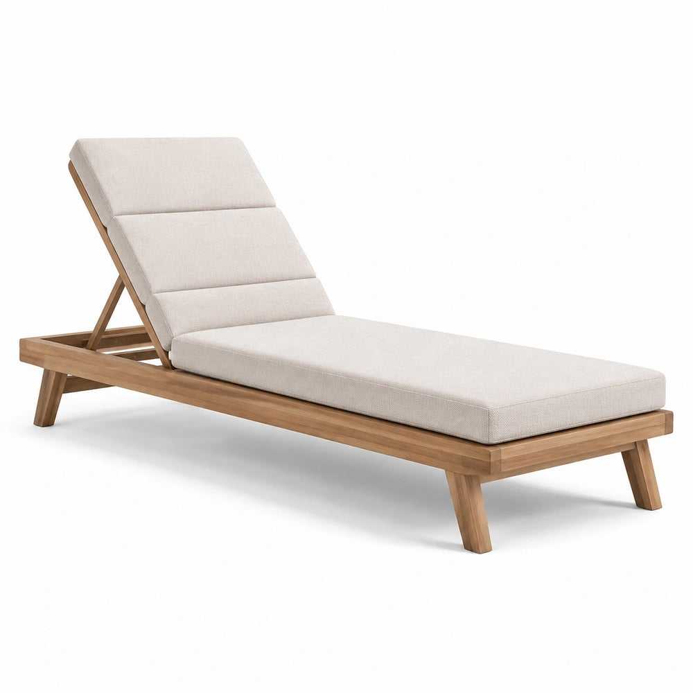 Bain de soleil en bois naturel avec matelas beige et dossier inclinable, 200 × 70 × 83 cm