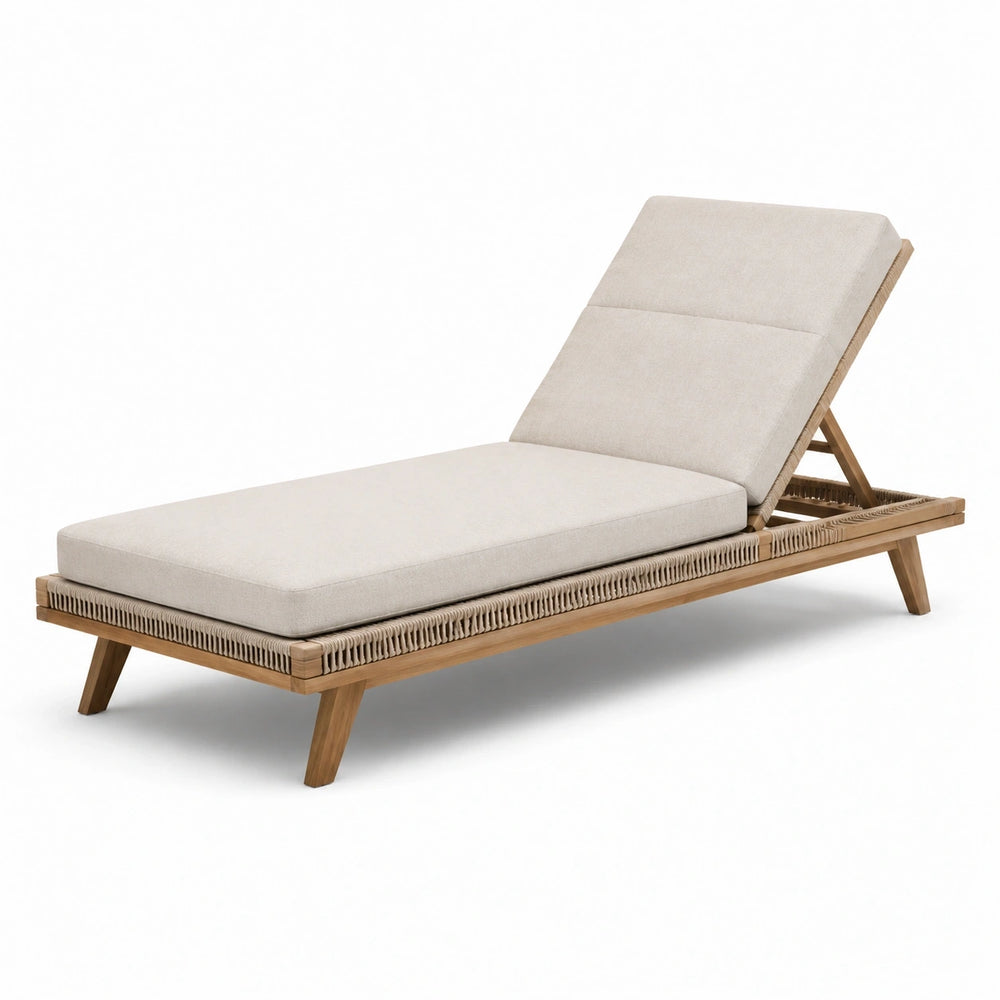 Bain de soleil avec dossier inclinable en bois marron clair et coussins beiges, 200 × 75 × 95 cm