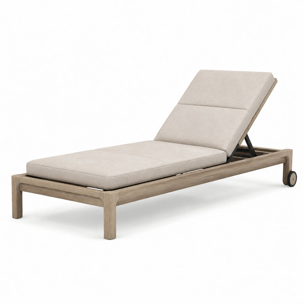 Bain de soleil inclinable en bois et tissu beige et taupe avec roulettes, 200 × 70 × 35 cm