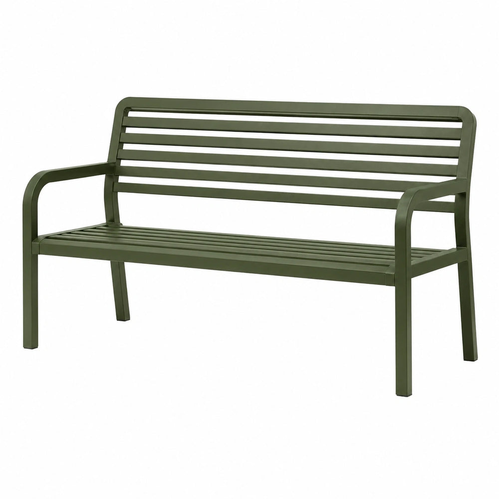 Banc de jardin 2 places en métal vert olive à lattes avec accoudoirs, 125 × 60 × 85 cm