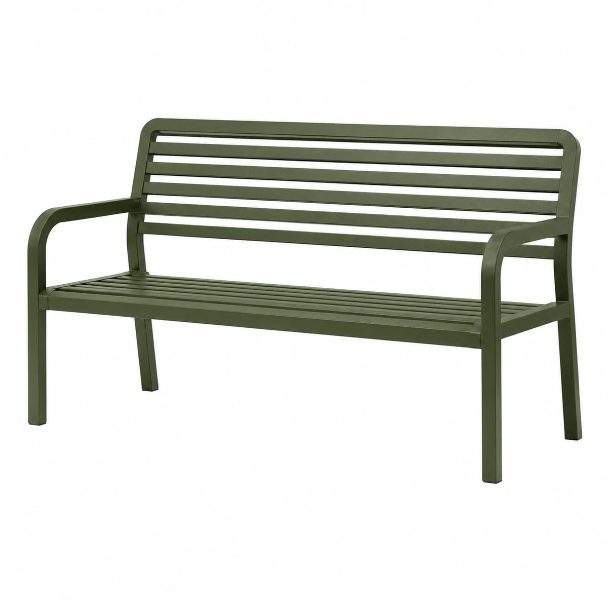 Banc de jardin 2 places en métal vert olive à lattes avec accoudoirs, 125 × 60 × 85 cm