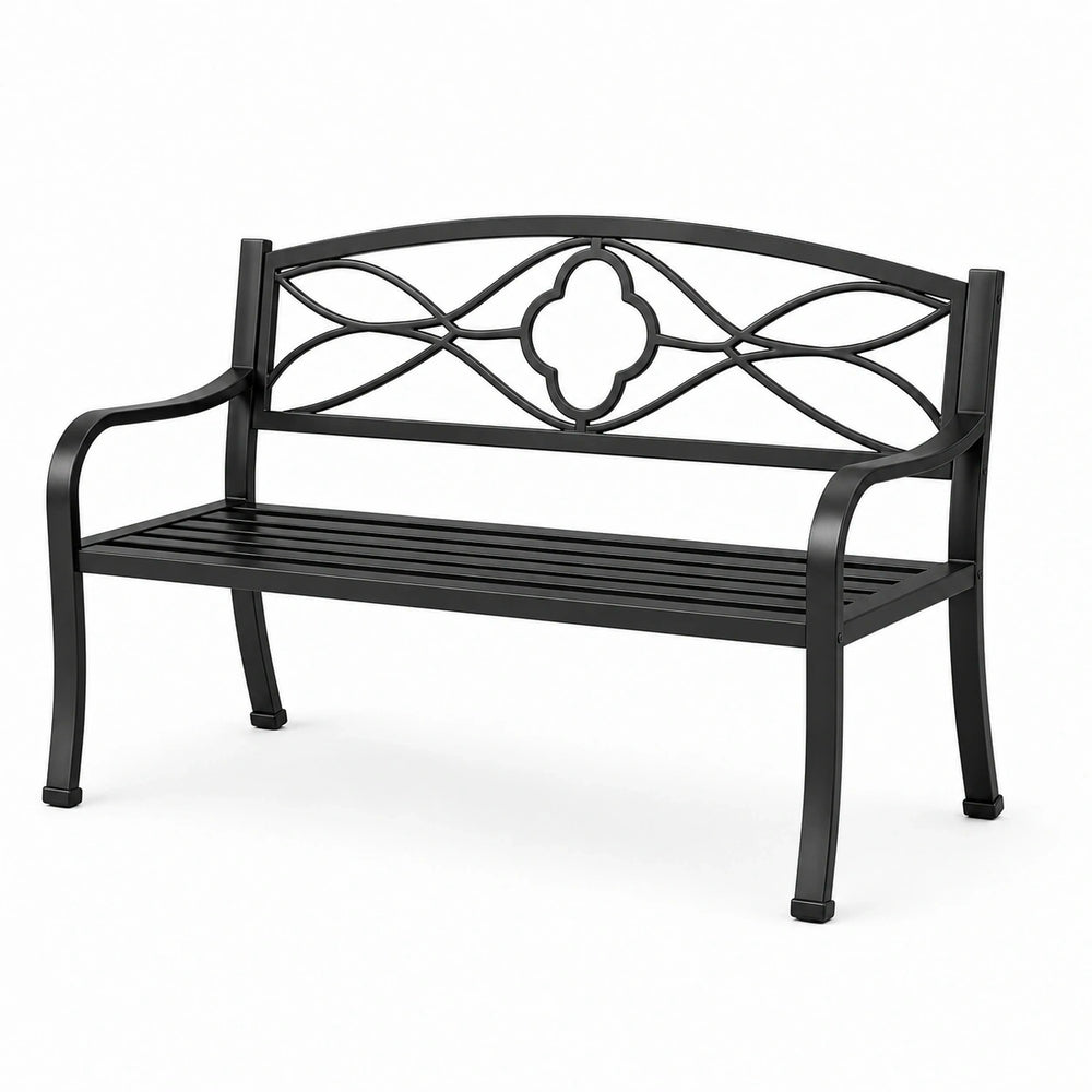 Banc de jardin 2 places en métal noir avec dossier décoratif, 127 × 60 × 85 cm