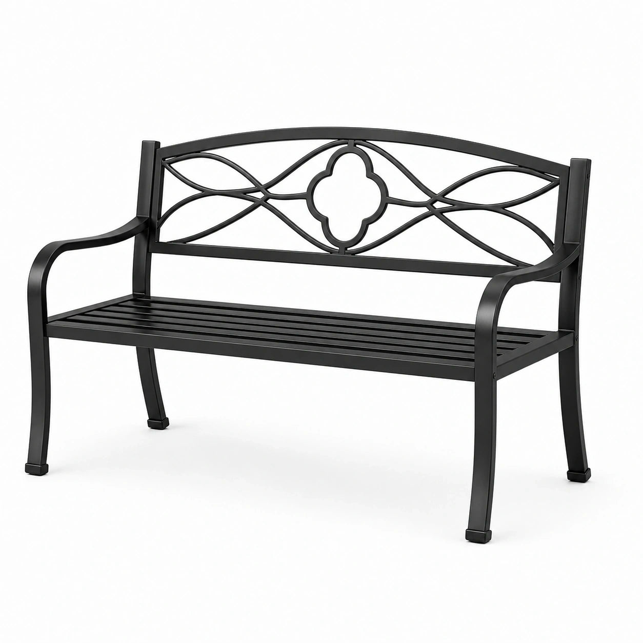 Banc de jardin 2 places en métal noir avec dossier décoratif, 127 × 60 × 85 cm