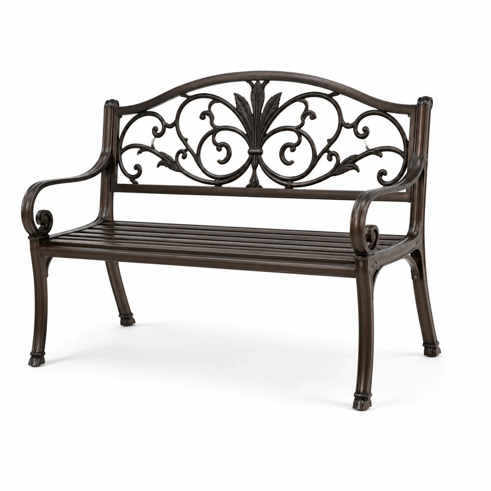 Banc de jardin 2 places en aluminium bronze foncé avec dossier floral, 127 × 60 × 91 cm