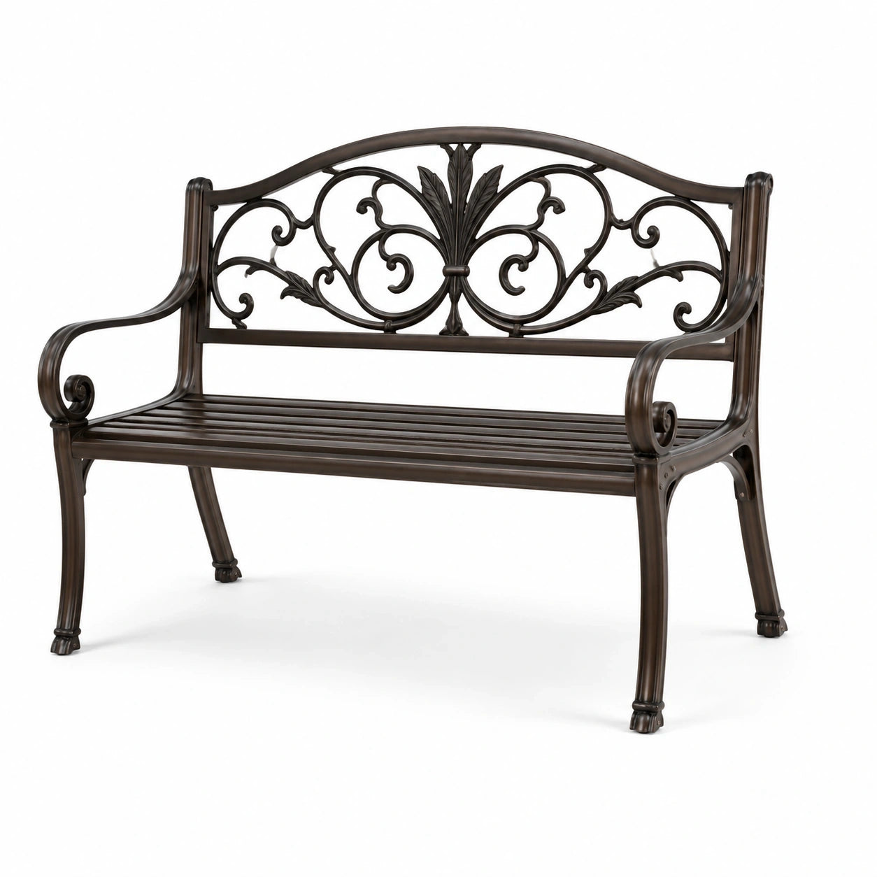 Banc de jardin 2 places en aluminium bronze foncé avec dossier floral, 127 × 60 × 91 cm
