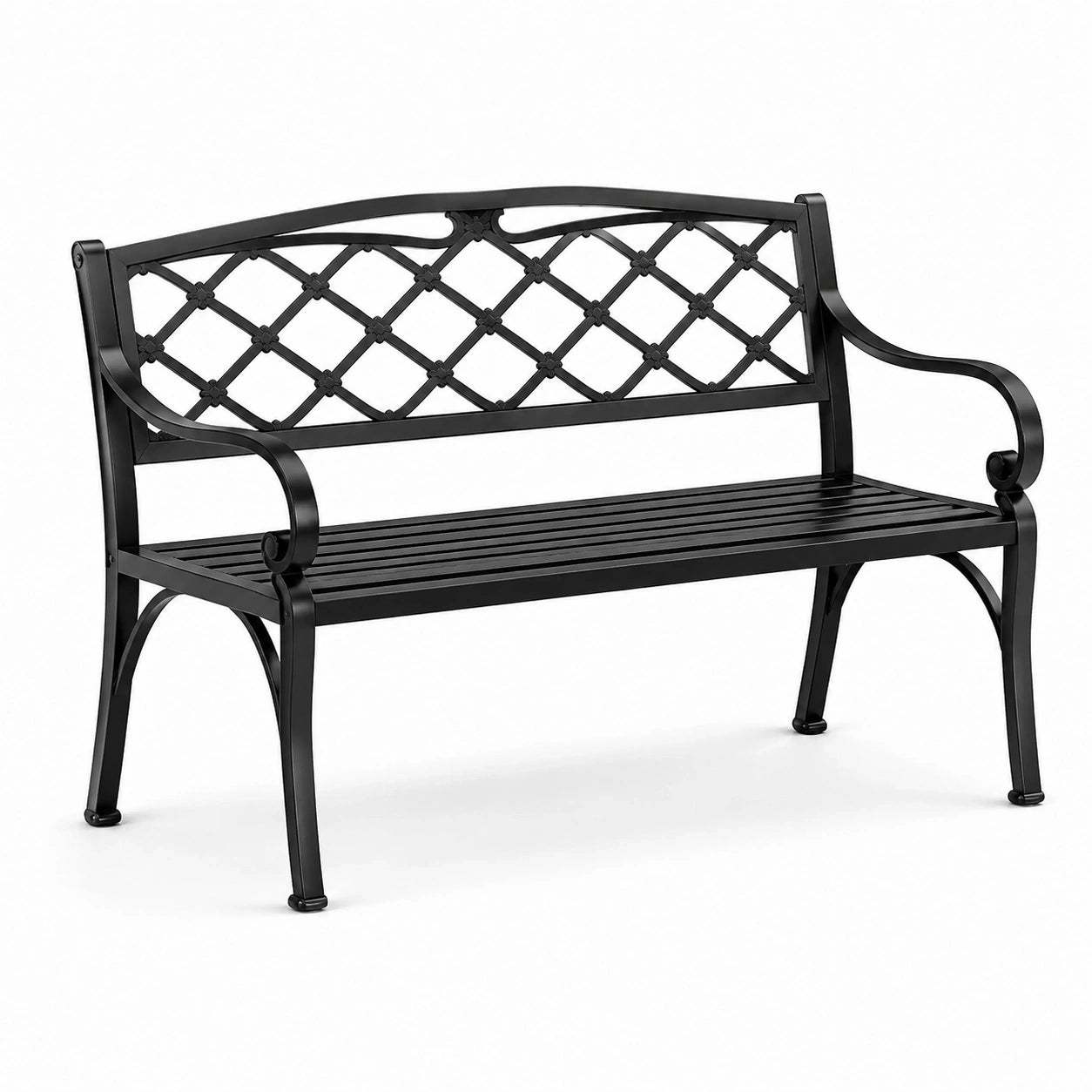 Banc de jardin 2 places en métal noir avec dossier à treillis, 127 × 60 × 85 cm