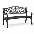 Banc de jardin en métal bronze foncé avec dossier ornemental, 127 × 60 × 89 cm