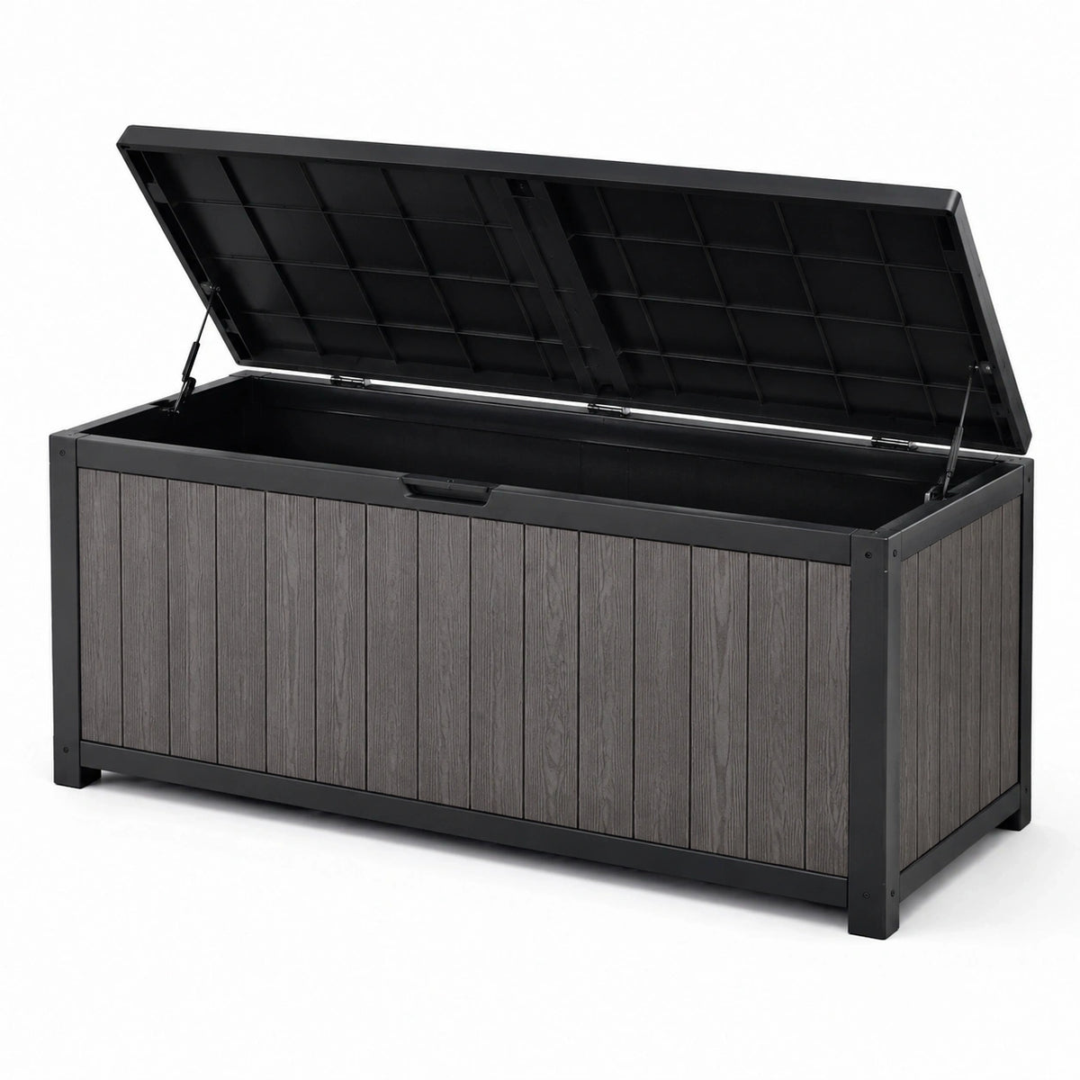 Coffre de rangement extérieur en résine effet bois gris et noir, 150 × 70 × 70 cm, couvercle relevable