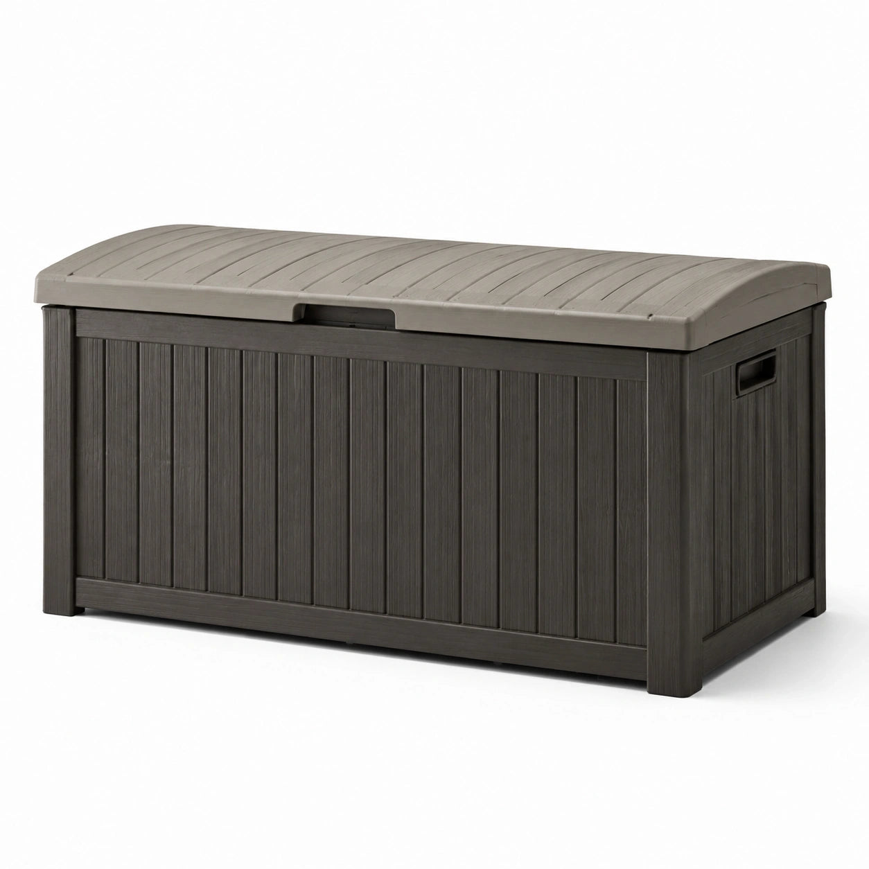 Coffre de rangement extérieur en résine effet bois avec couvercle, 120 × 54 × 60 cm, gris anthracite et gris taupe