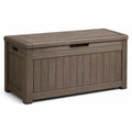 Coffre de rangement extérieur en résine marron effet bois avec couvercle, 129 × 62 × 65 cm