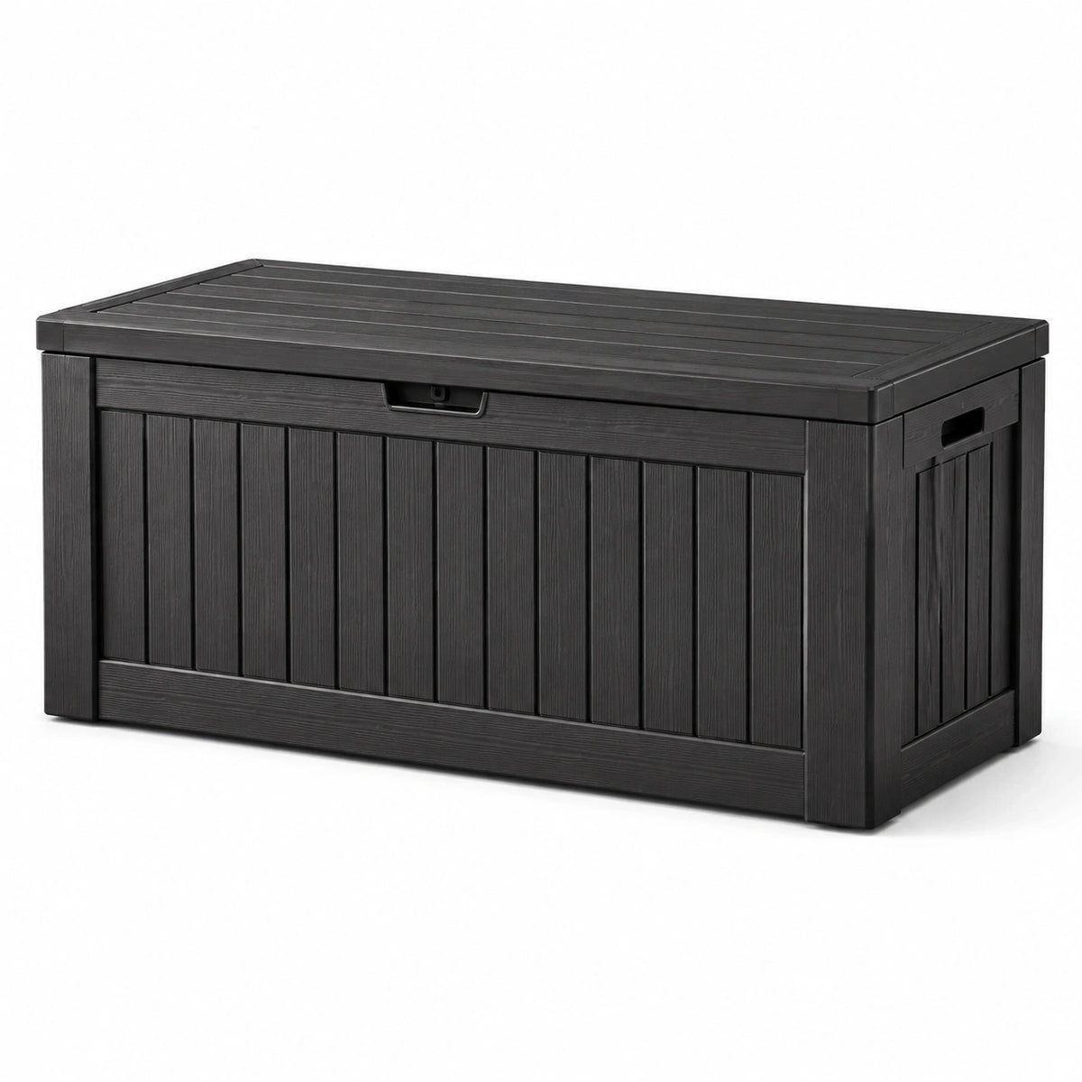 Coffre de rangement extérieur en résine noire effet bois, 120 × 55 × 60 cm, couvercle rabattable