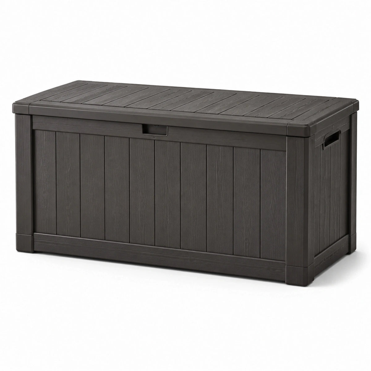 Coffre de rangement extérieur en résine marron foncé effet bois avec couvercle, 120 × 55 × 60 cm