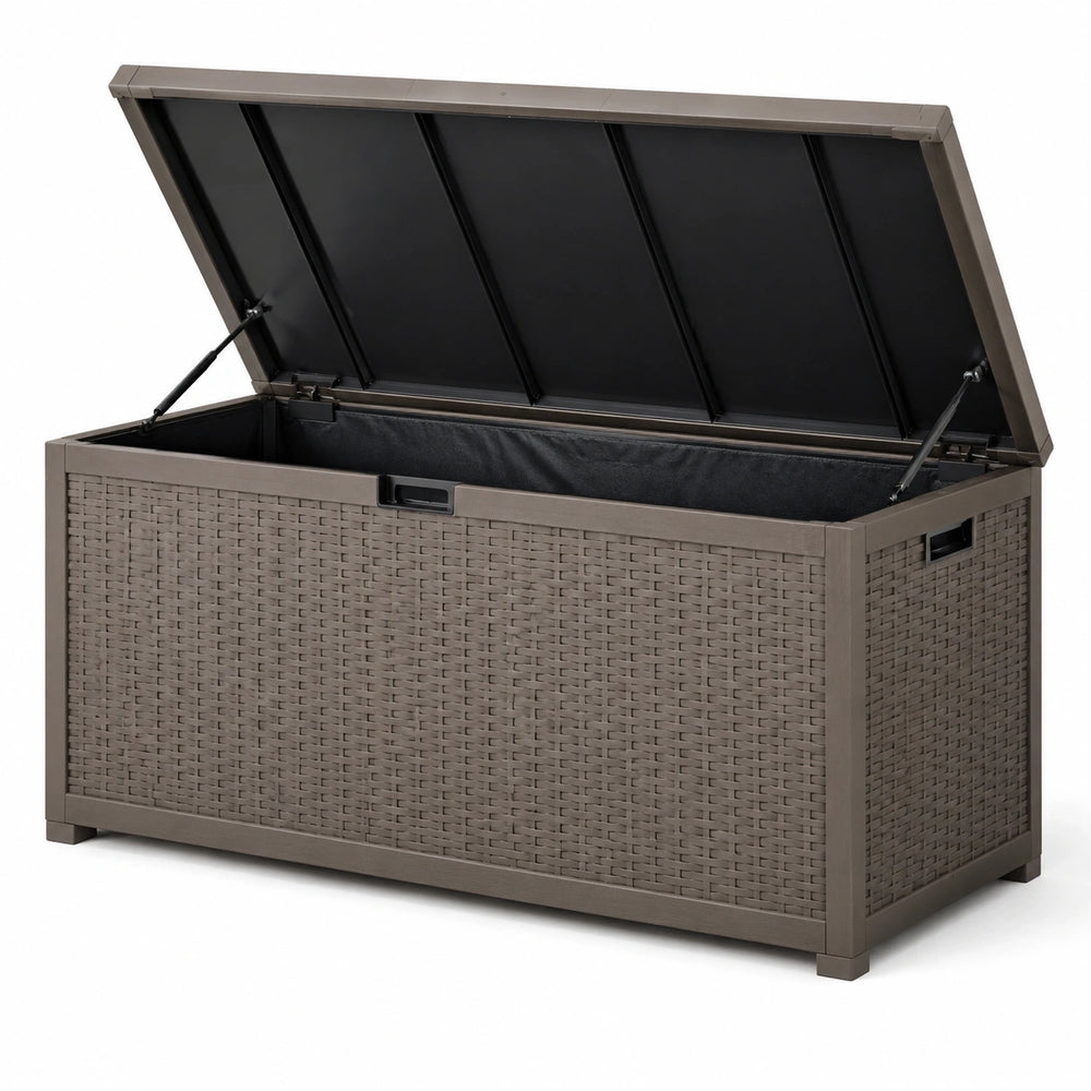 Coffre de rangement extérieur en résine tressée taupe et noire, 120 × 55 × 62 cm, couvercle assisté