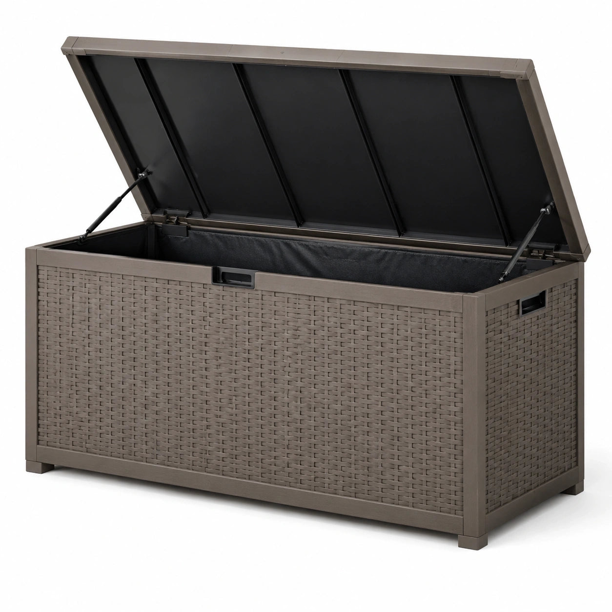Coffre de rangement extérieur en résine tressée taupe et noire, 120 × 55 × 62 cm, couvercle assisté