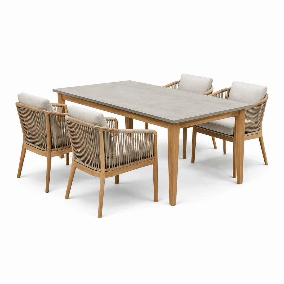 Ensemble repas de jardin 5 pièces avec table 180 × 90 × 75 cm et 4 fauteuils 60 × 62 × 82 cm, beige, gris et bois naturel