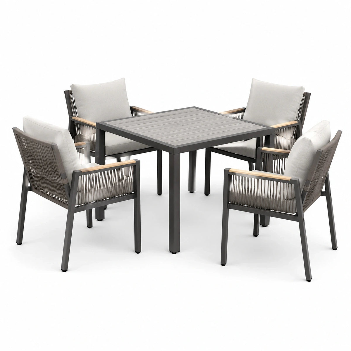 Ensemble repas de jardin 5 pièces anthracite, gris clair et beige – table 90 × 90 × 75 cm et 4 fauteuils 59 × 62 × 83 cm