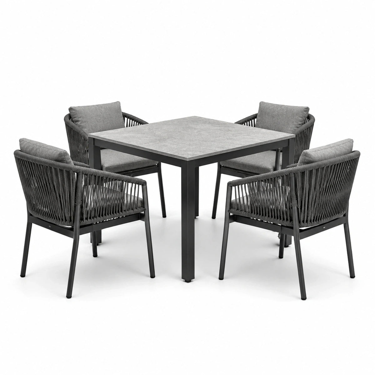 Ensemble repas extérieur 5 pièces gris et noir, table carrée 100 × 100 × 75 cm et 4 fauteuils 61 × 60 × 81 cm