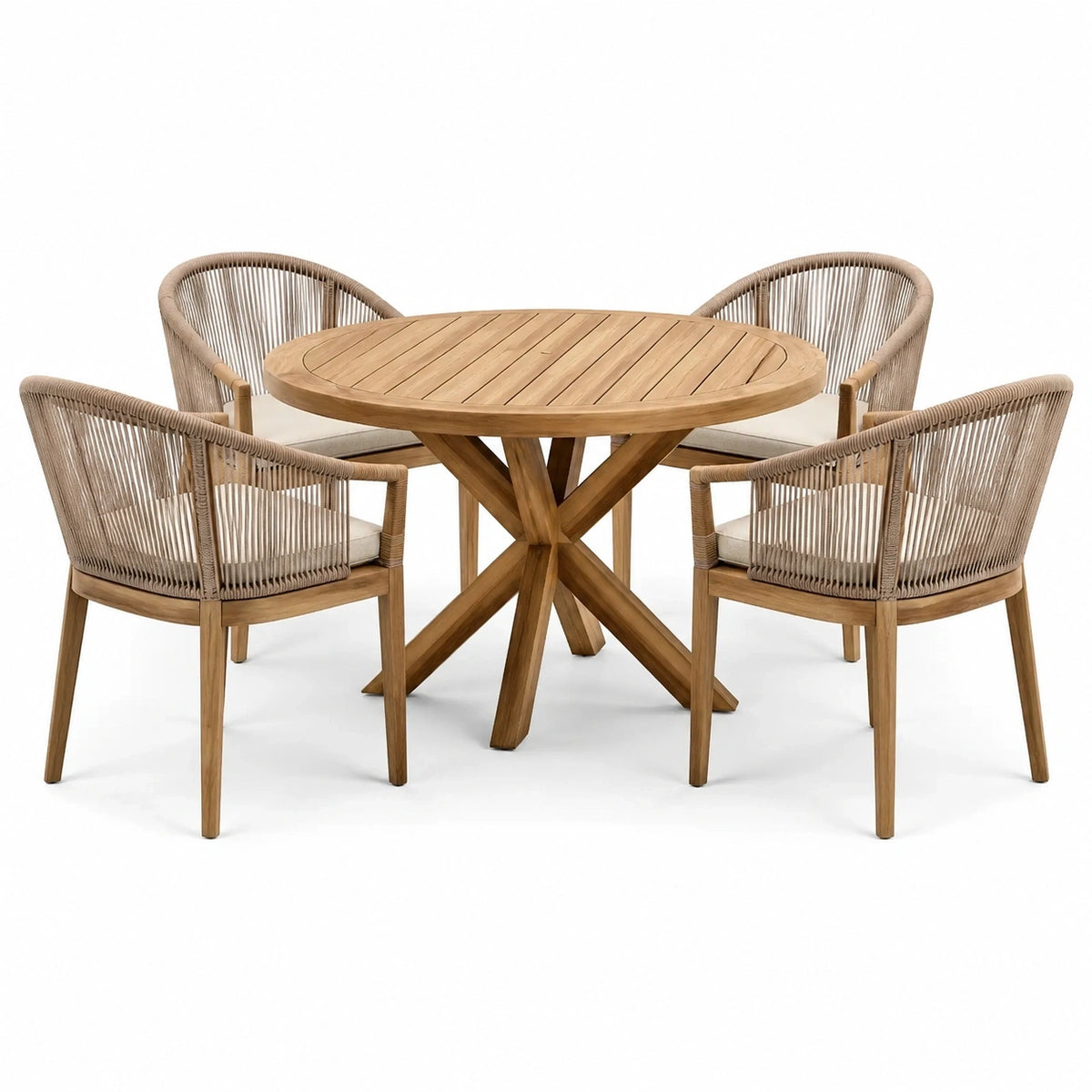Ensemble de jardin 5 pièces en bois naturel, beige et écru – table ronde 120 × 76 cm et 4 fauteuils 61 × 63 × 80 cm