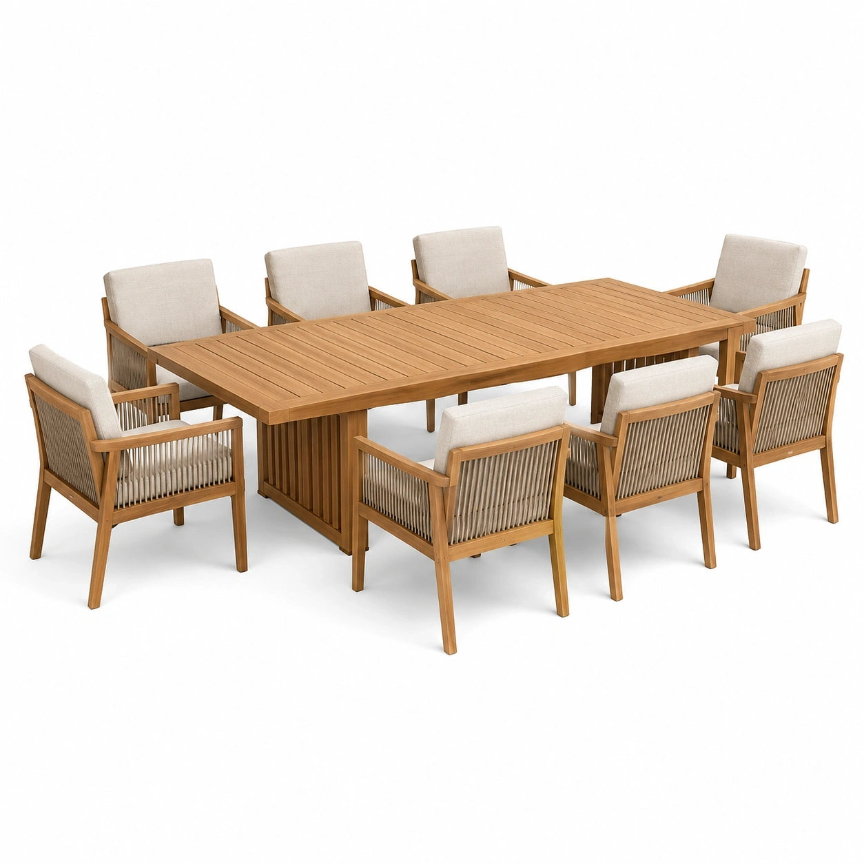 Ensemble repas de jardin 9 pièces avec table de 220 × 100 × 75 cm et 8 fauteuils de 59 × 63 × 78,4 cm, brun, beige et taupe
