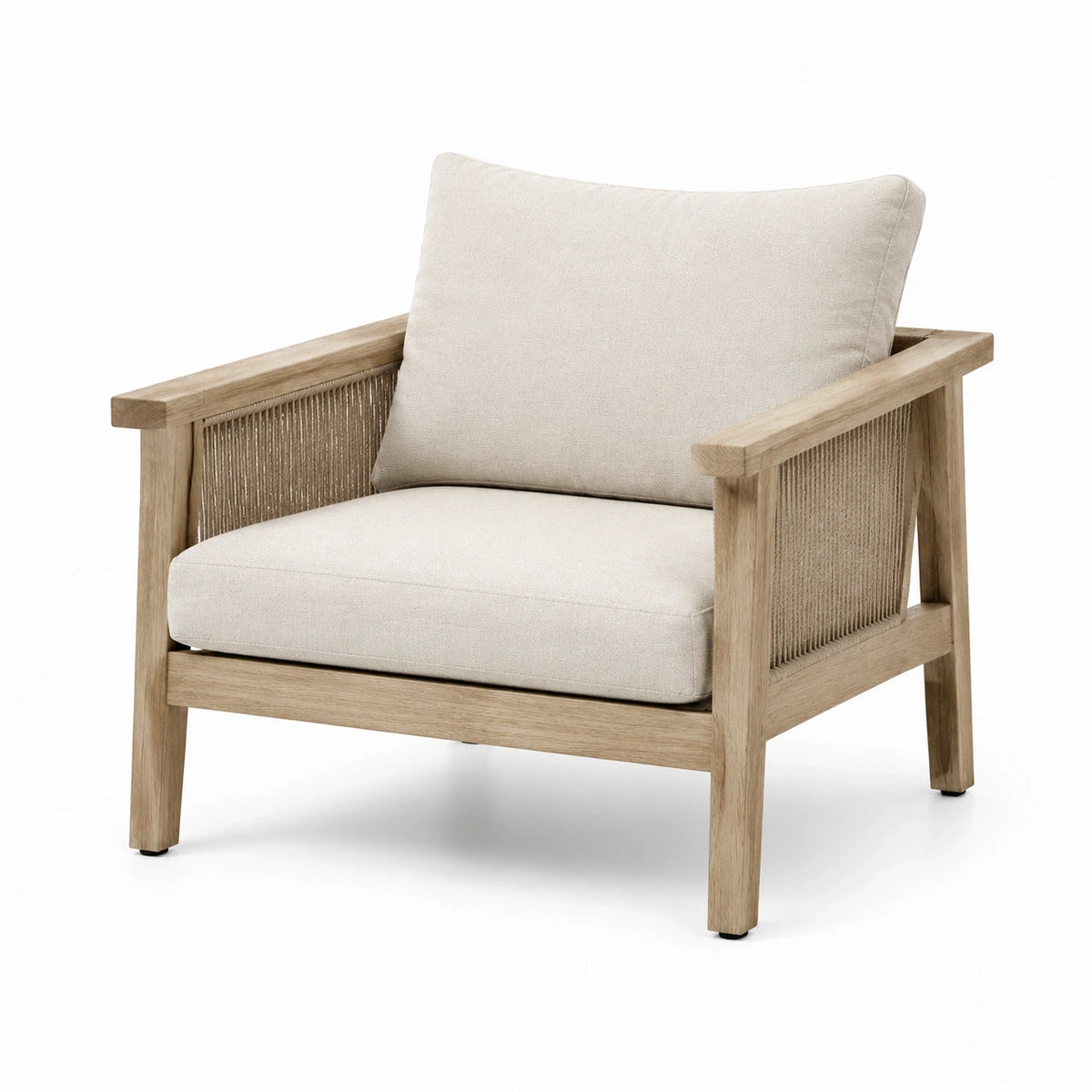 Fauteuil de jardin en bois naturel et corde beige avec coussins, 78 × 82 × 82 cm