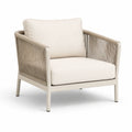 Fauteuil de jardin contemporain en métal beige avec cordage taupe et coussins écrus, 78 × 76 × 80 cm