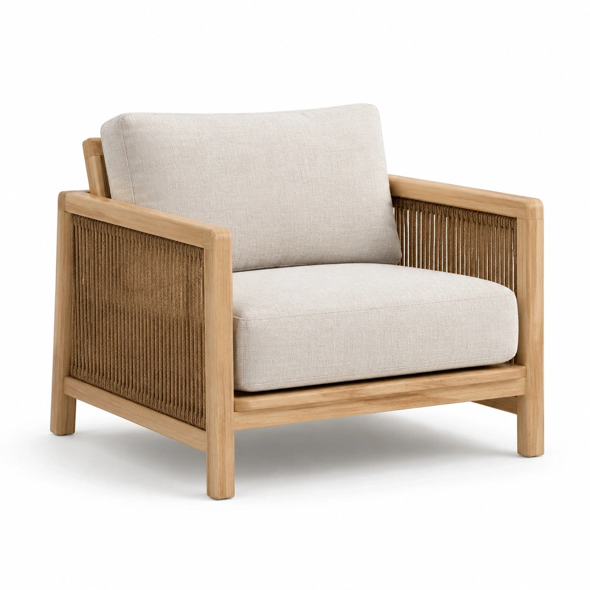 Fauteuil en bois naturel avec tissu beige et corde tressée marron, 82 × 84 × 78 cm
