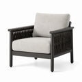 Fauteuil de jardin contemporain 75 × 78 × 82 cm en métal noir, corde tressée et tissu gris clair avec accoudoirs
