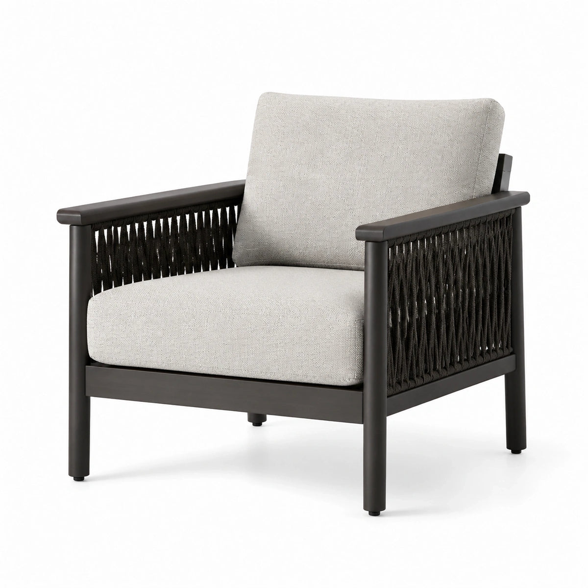 Fauteuil de jardin contemporain 75 × 78 × 82 cm en métal noir, corde tressée et tissu gris clair avec accoudoirs
