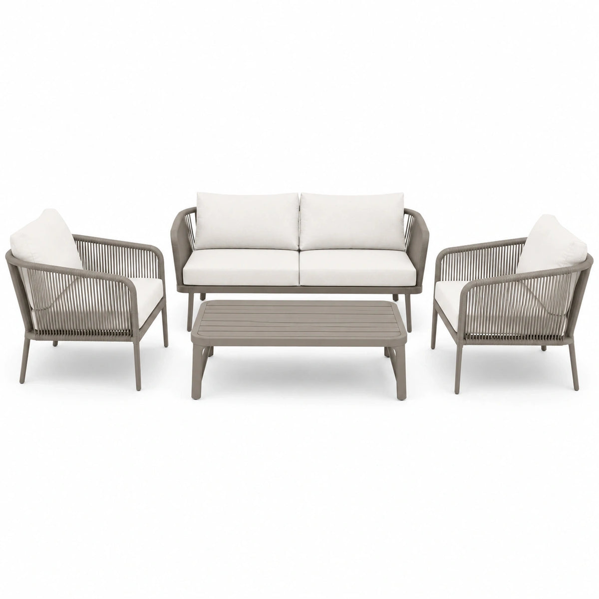 Ensemble 4 pièces taupe et blanc cassé avec canapé 145 × 75 × 78 cm, 2 fauteuils 75 × 75 × 78 cm et table basse 100 × 55 × 38 cm