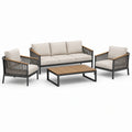 Salon de jardin 4 pièces beige, noir et brun avec canapé 3 places 196 × 78 × 76 cm, 2 fauteuils et table basse