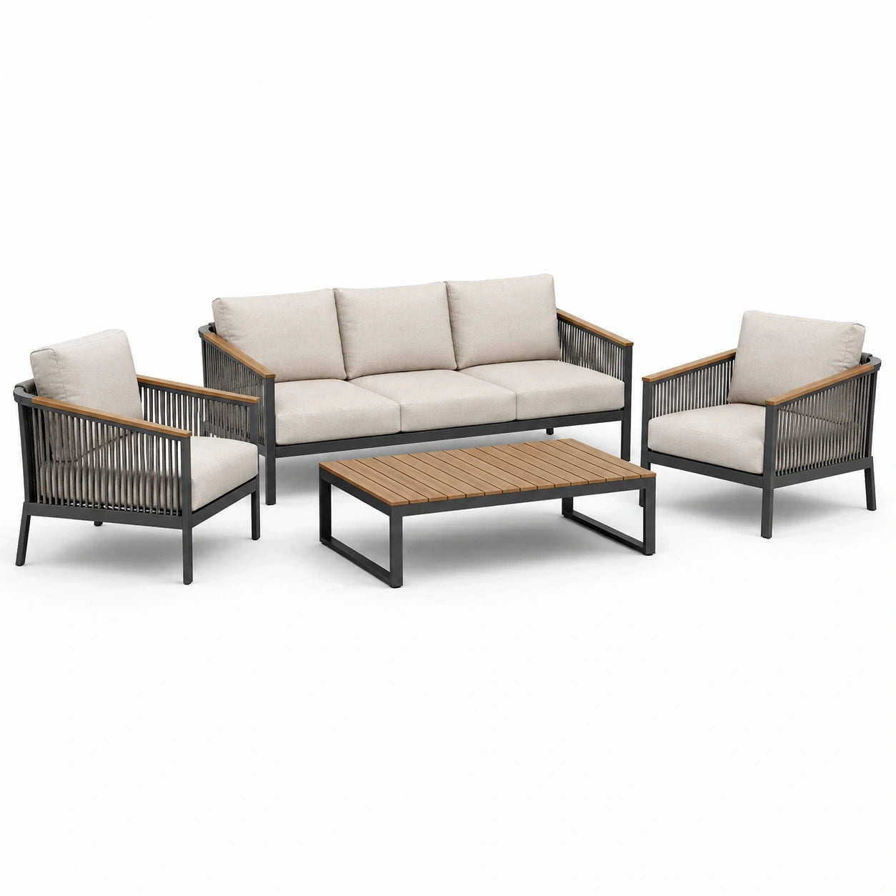 Salon de jardin 4 pièces beige, noir et brun avec canapé 3 places 196 × 78 × 76 cm, 2 fauteuils et table basse