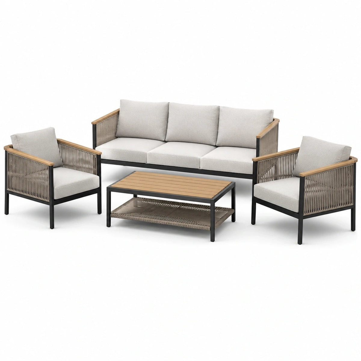 Salon de jardin 4 pièces beige, noir, brun et taupe avec canapé 190 x 75 x 80 cm, 2 fauteuils 72 x 75 x 80 cm et table 100 x 55 x 45 cm