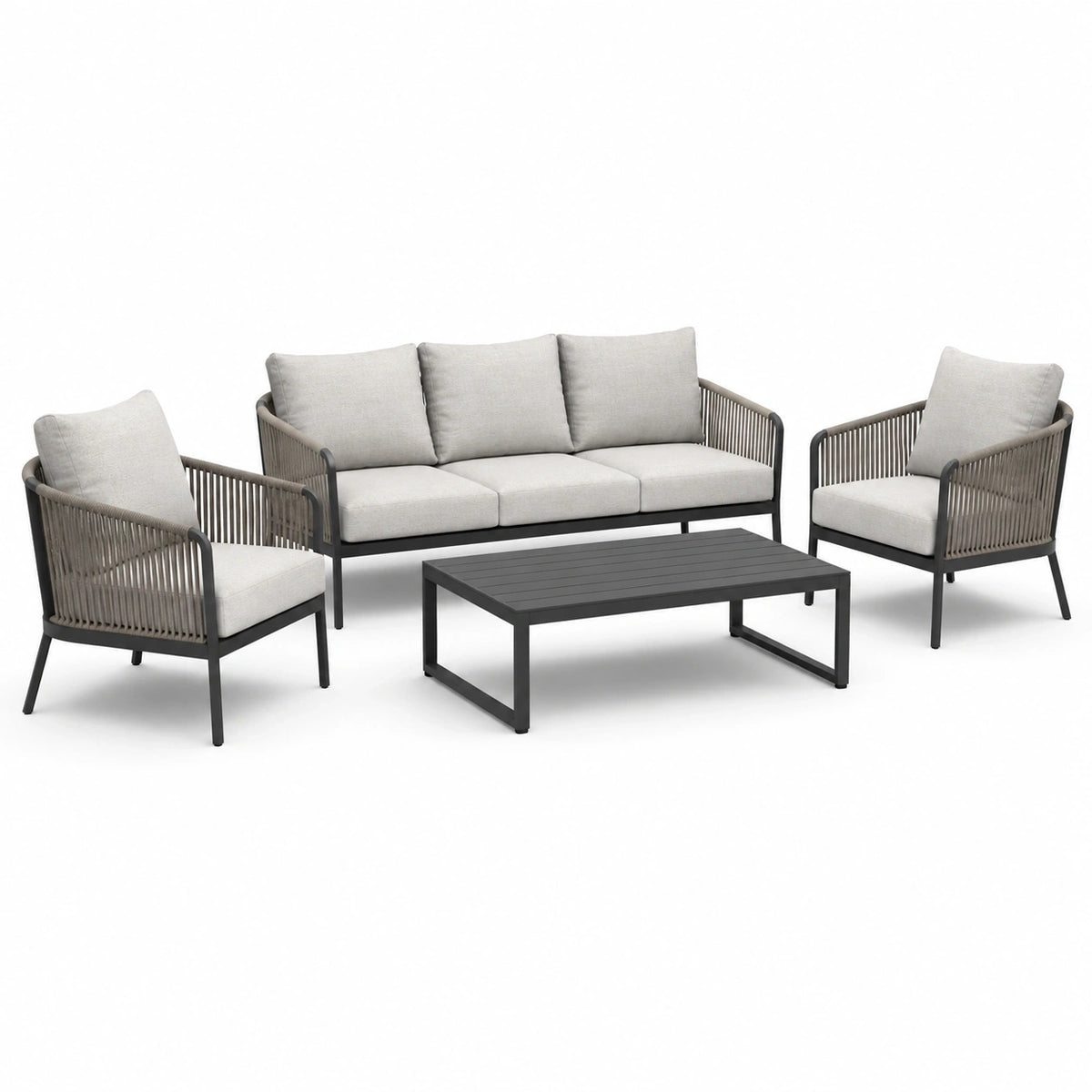 Salon de jardin 4 pièces gris clair, anthracite et gris taupe – canapé 200 × 80 × 76 cm, fauteuils 75 × 80 × 76 cm et table 110 × 60 × 38 cm
