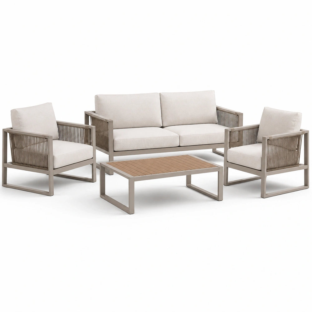 Ensemble de jardin 4 pièces beige, taupe et marron avec canapé 170 × 78 × 78 cm, 2 fauteuils 72 × 78 × 78 cm et table basse 100 × 55 × 40 cm