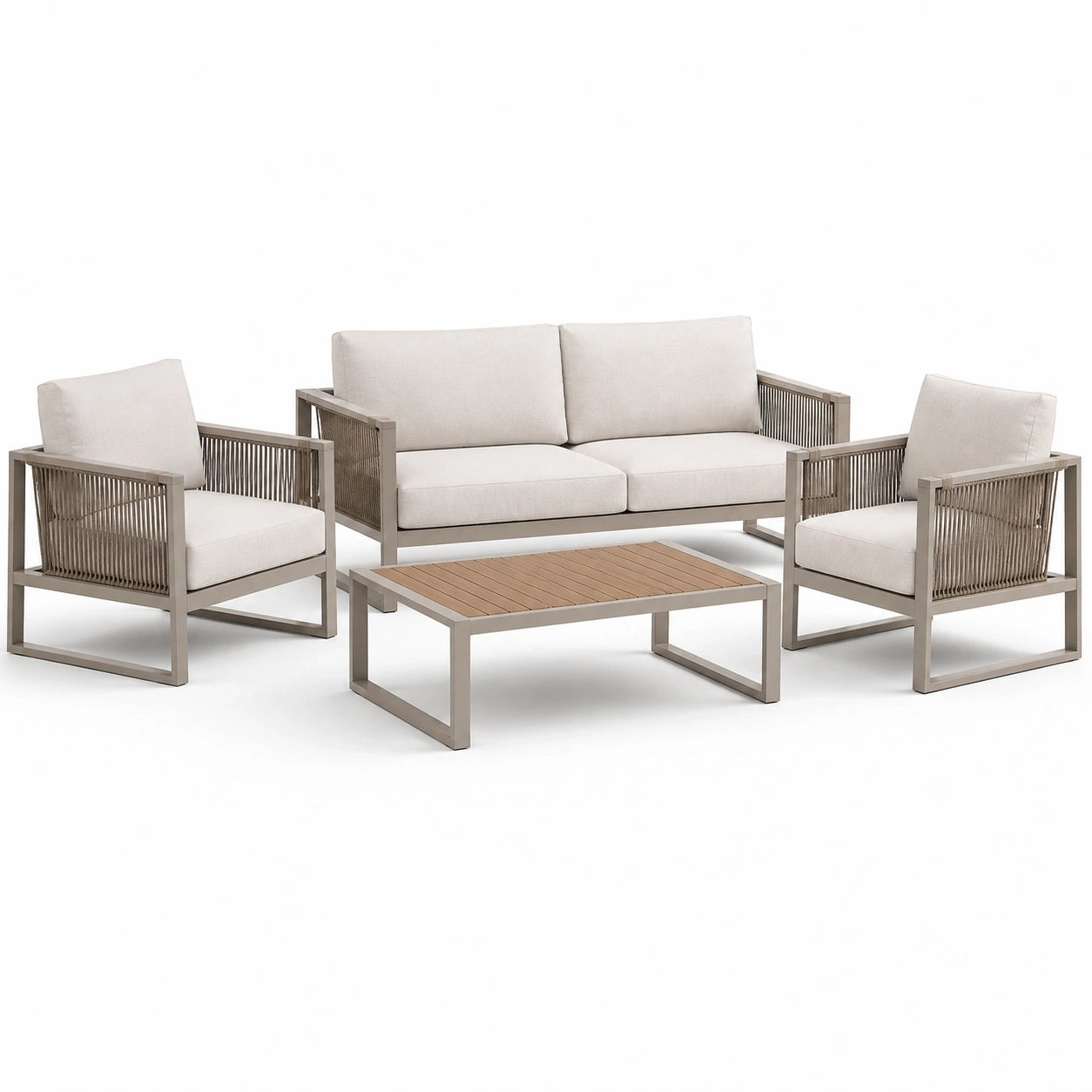 Ensemble de jardin 4 pièces beige, taupe et marron avec canapé 170 × 78 × 78 cm, 2 fauteuils 72 × 78 × 78 cm et table basse 100 × 55 × 40 cm