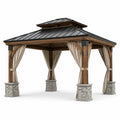 Pavillon de jardin en bois brun 360 × 360 × 310 cm avec toit anthracite et rideaux beiges