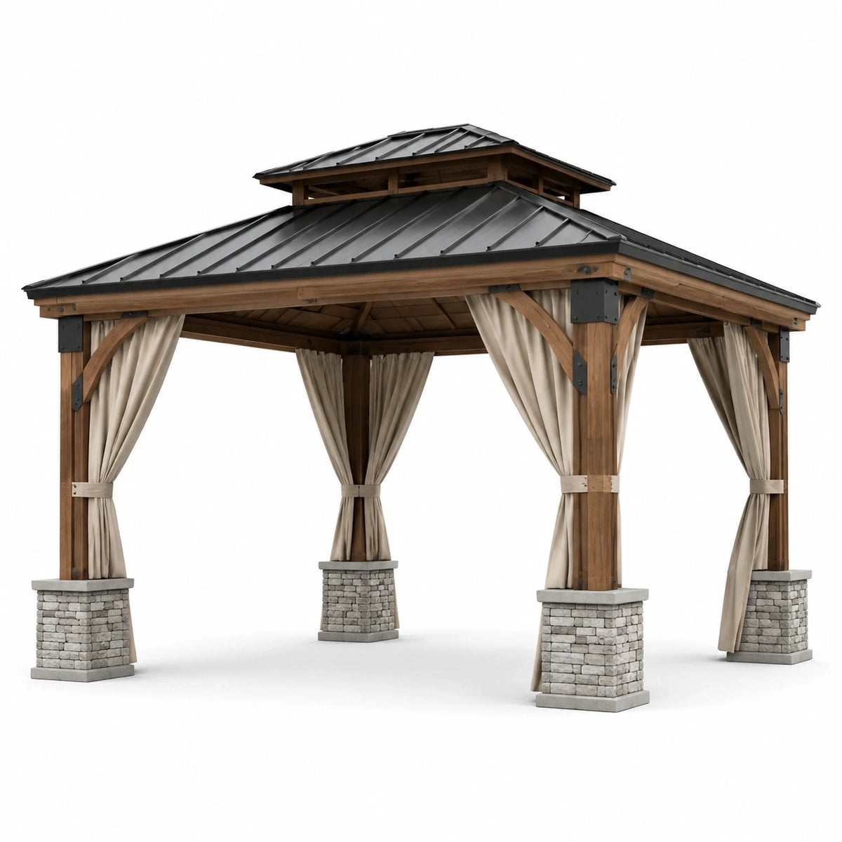 Pavillon de jardin en bois brun 360 × 360 × 310 cm avec toit anthracite et rideaux beiges