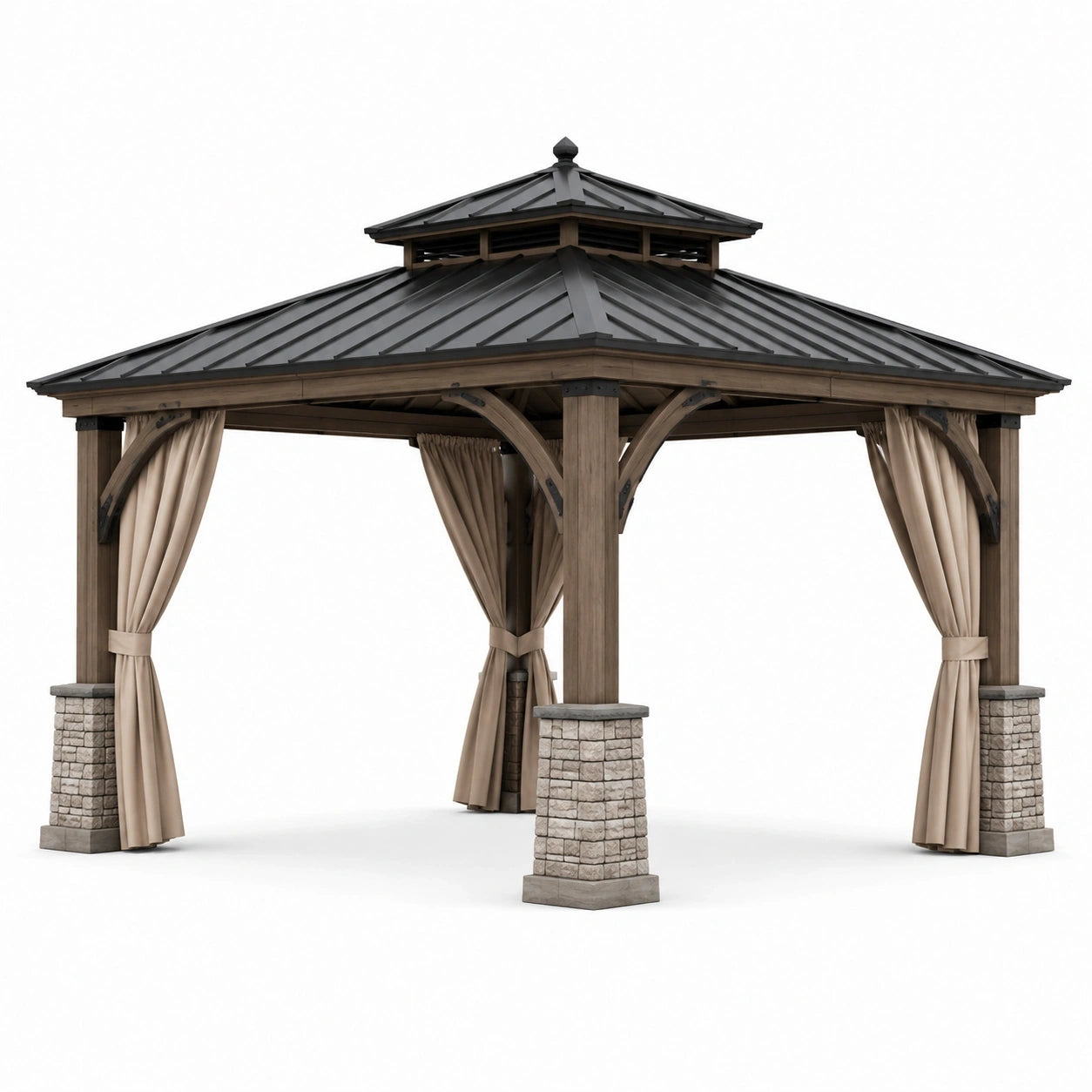 Tonnelle de jardin carrée 400 × 400 × 360 cm en bois brun avec toit métallique anthracite, rideaux beiges et bases grises