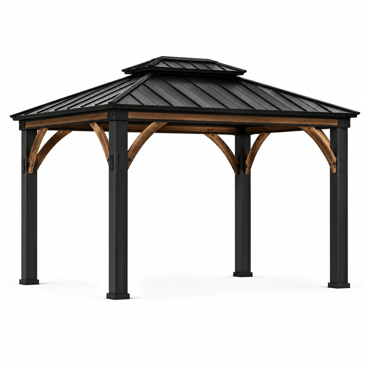 Pavillon de jardin noir et brun avec toit rigide à deux niveaux, 365 × 305 × 310 cm