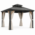 Pavillon de jardin en métal anthracite avec rideaux beiges et renforts aspect bois, 400 × 300 × 300 cm