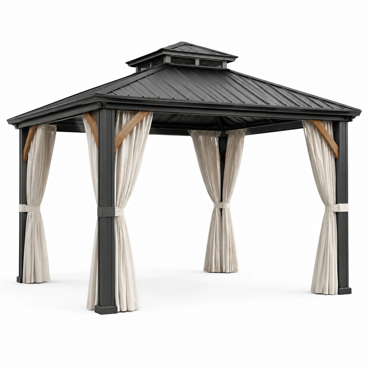 Pavillon de jardin en métal anthracite avec rideaux beiges et renforts aspect bois, 400 × 300 × 300 cm